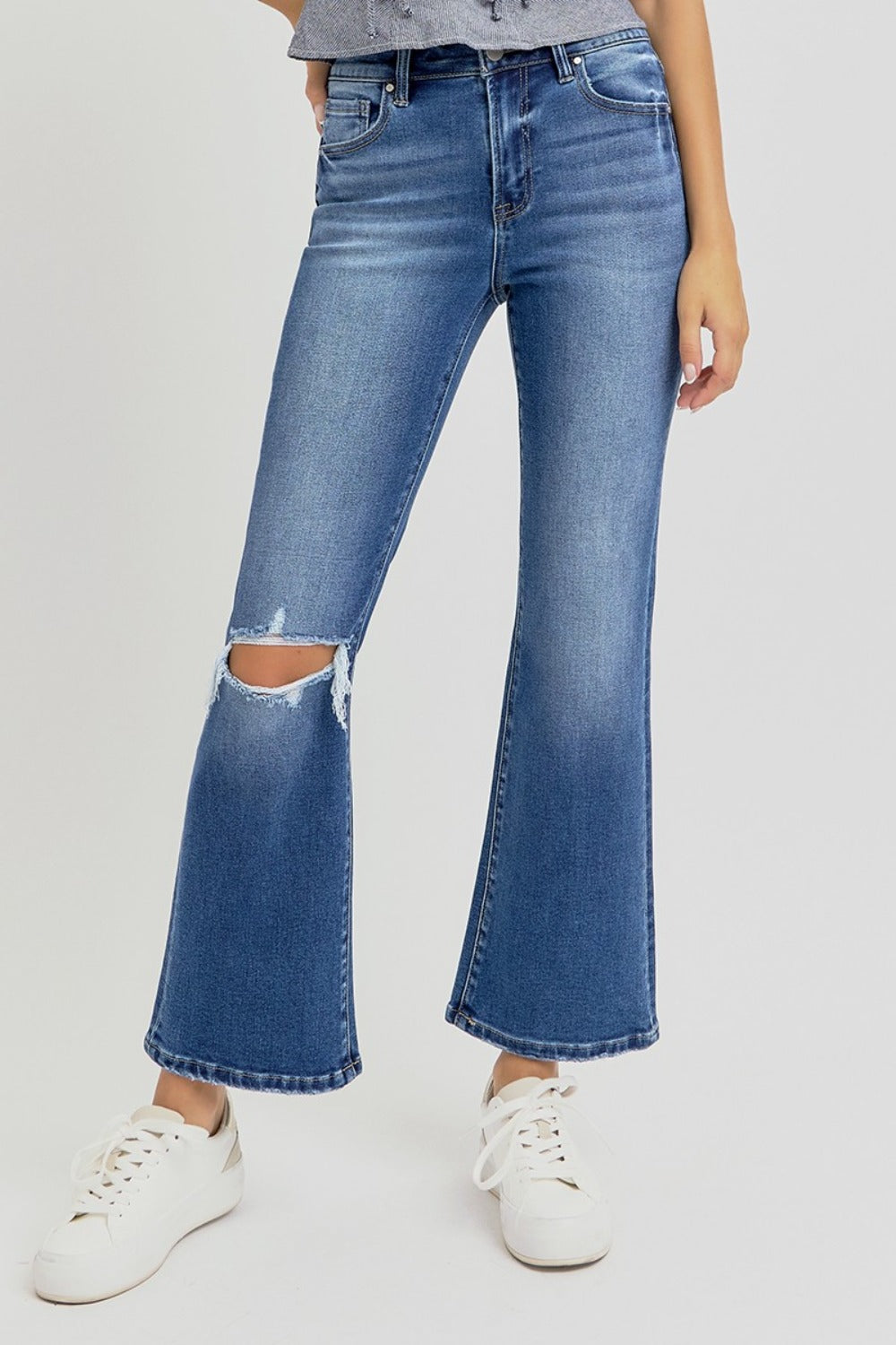 Distressed High Rise Crop Flare Jeans