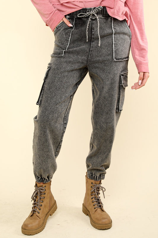 Washed Drawstring Jogger Cargo Jeans