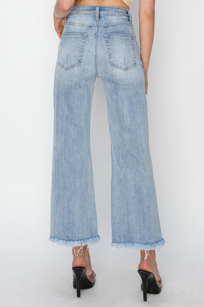 High Rise Crop Wide Fray Hem Jeans