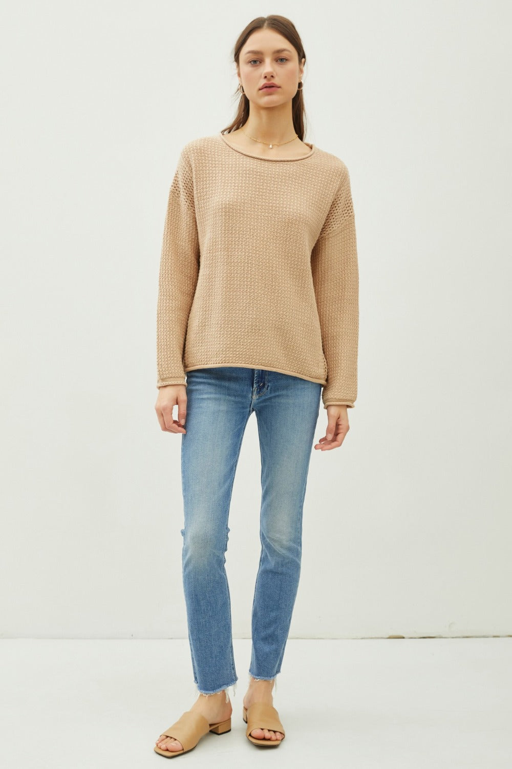 Rolled Openwork Round Neck Sweater