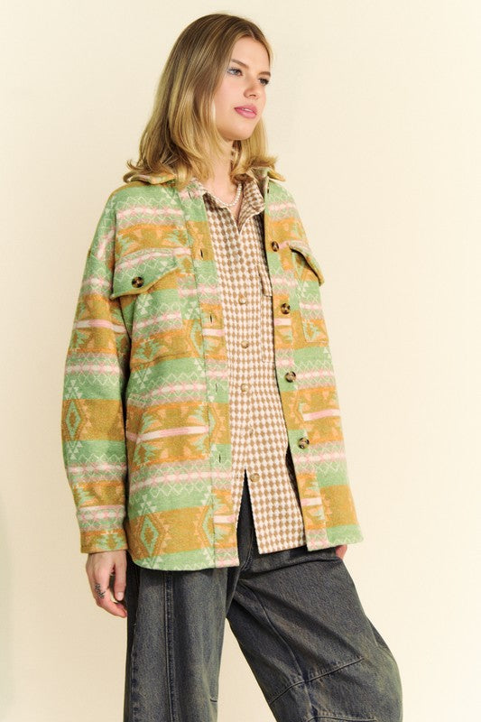 High-Low Geometric Long Sleeve Shacket with Pockets