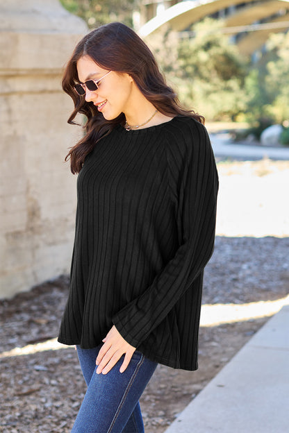 Ribbed Round Neck Long Sleeve Knit Top