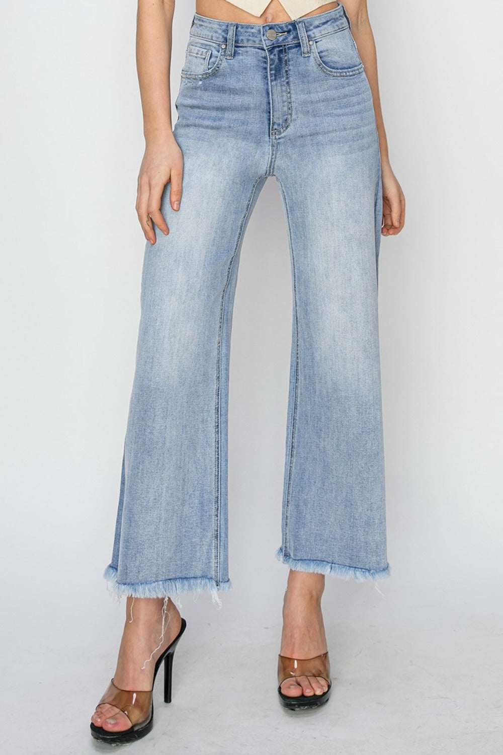 High Rise Crop Wide Fray Hem Jeans