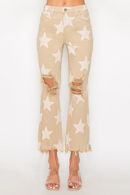 High Rise Star Printed Frayed Hem Jeans