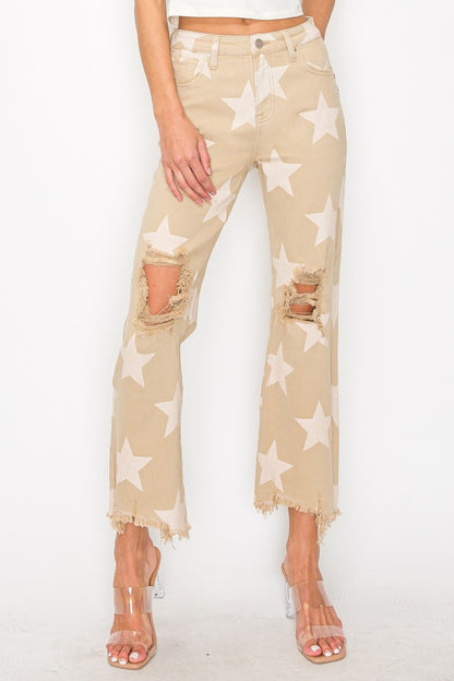 High Rise Star Printed Frayed Hem Jeans