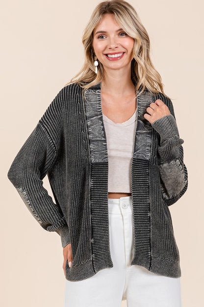 Contrast Patch Open Front Mineral Wash Cardigan