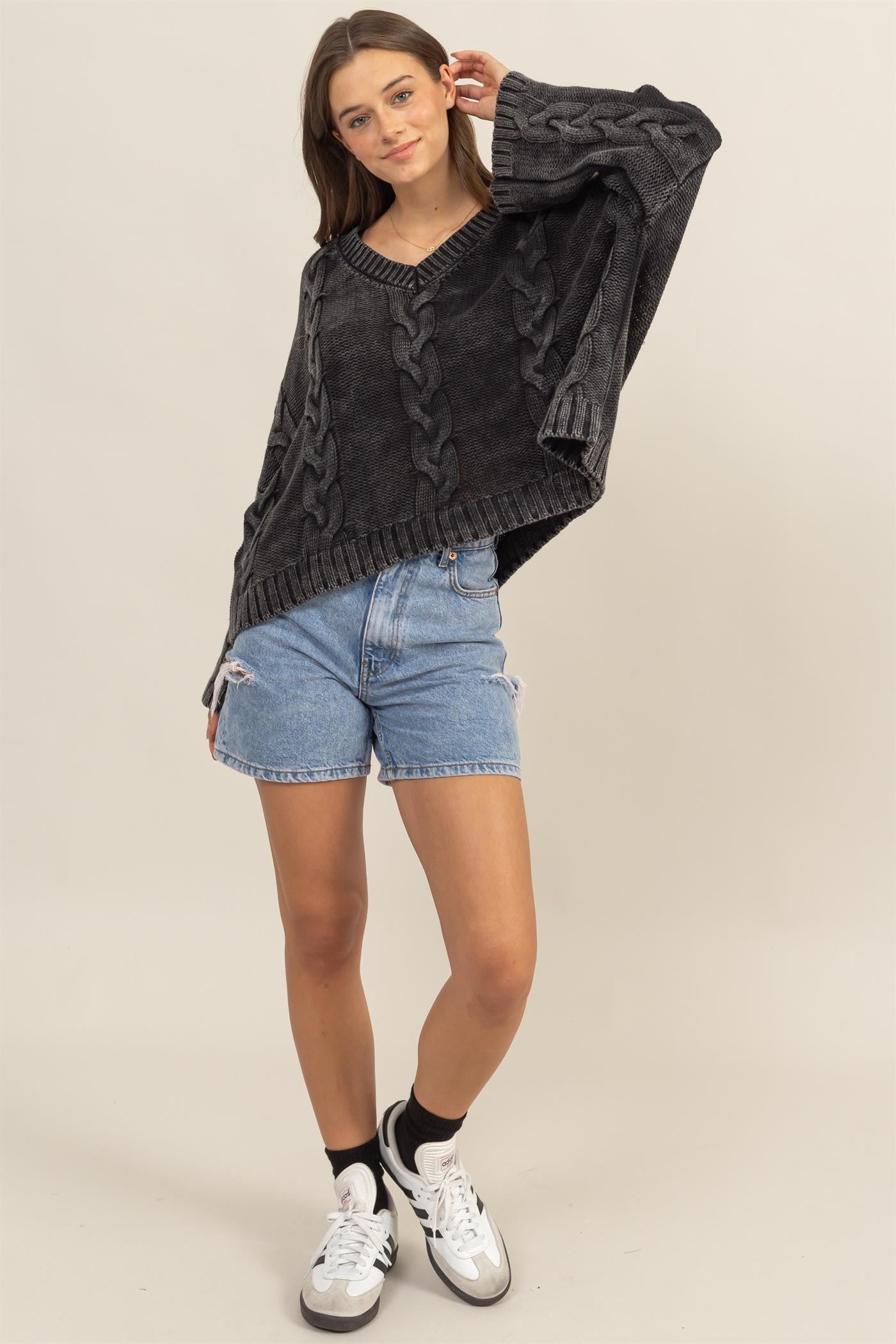 Cable Knit V-Neck Dropped Shoulder Oversized Sweater