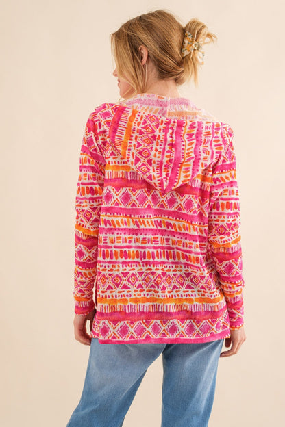 Printed Thermal Hooded Open Front Cardigan