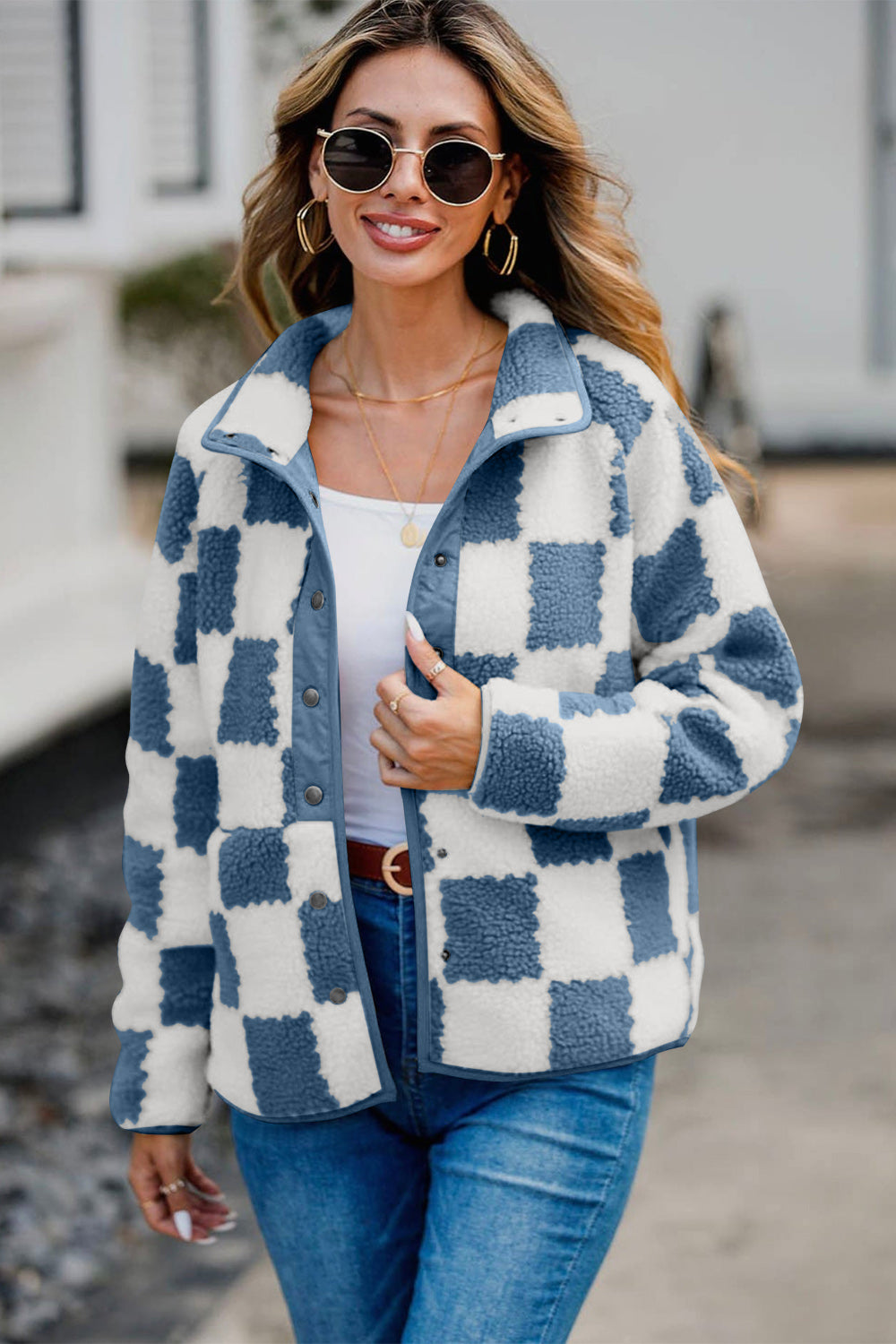 Checkered Snap Down Long Sleeve Teddy Jacket