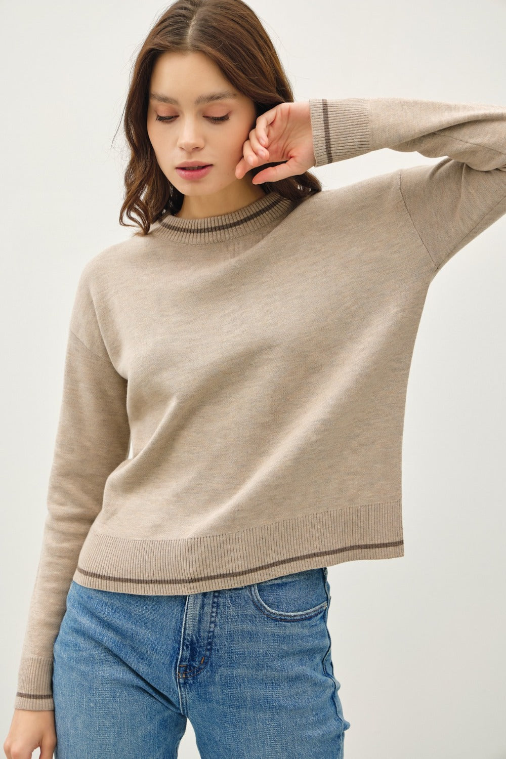 Striped Trim Round Neck Long Sleeve Sweater