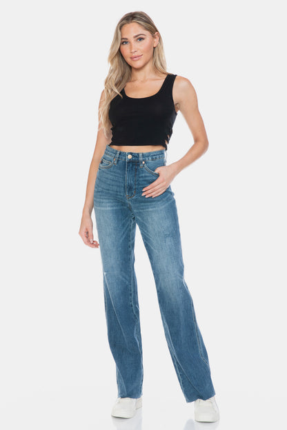 Tummy Control Cut Raw Hem Straight Jeans