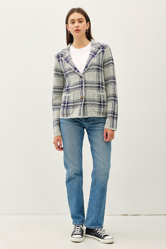 Plaid Long Sleeve Sweater Jacket with Front Patch Pockets