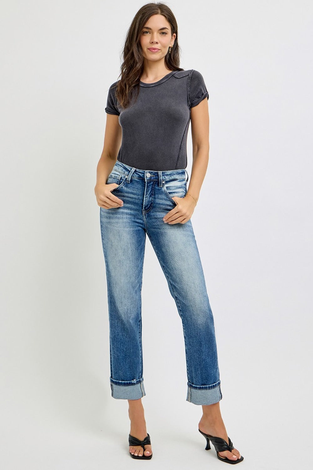 High Rise Crop Straight Roll Up Jeans