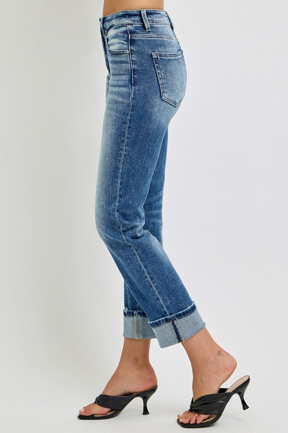 High Rise Crop Straight Roll Up Jeans