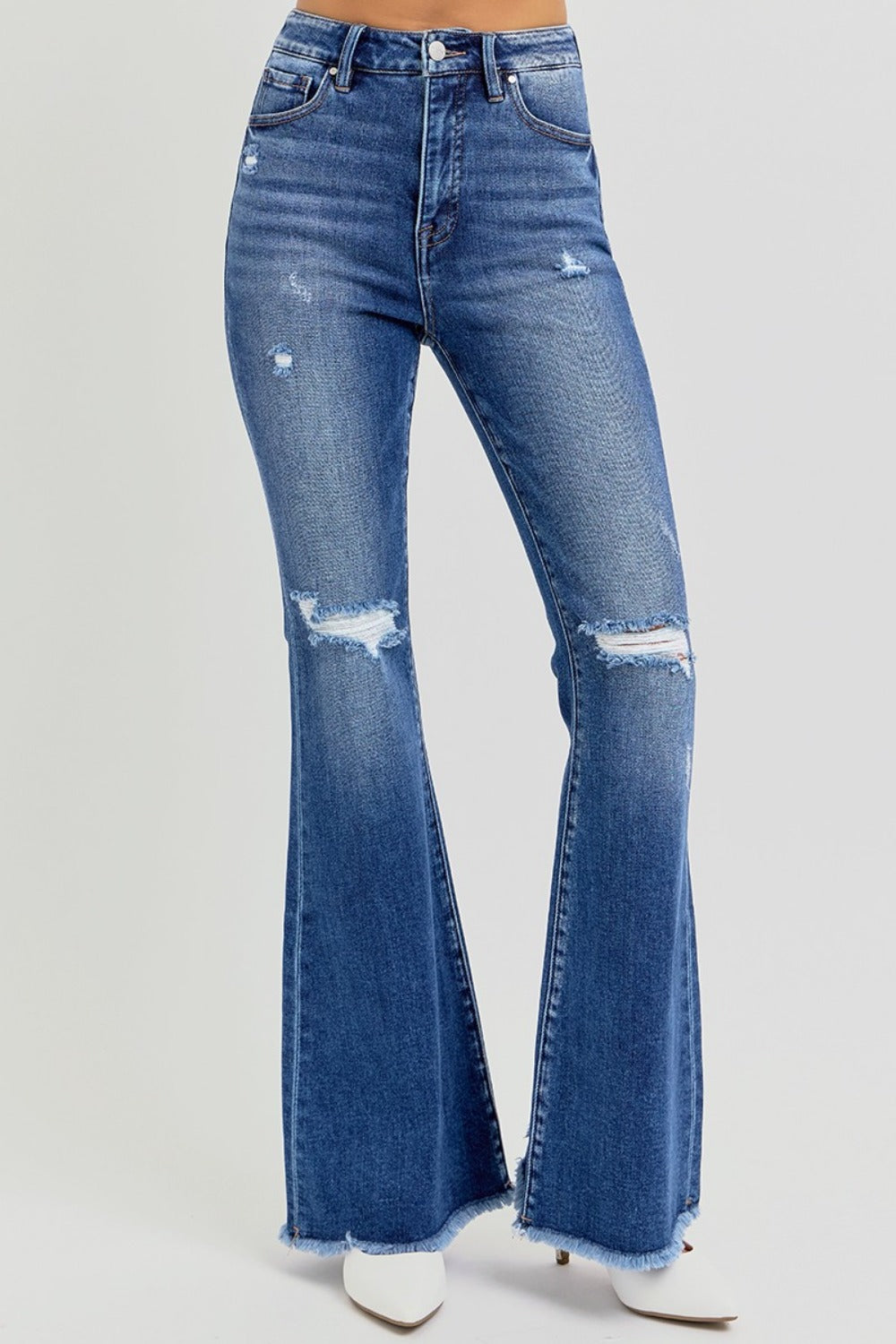 High Rise Distressed Raw Hem Flare Jeans