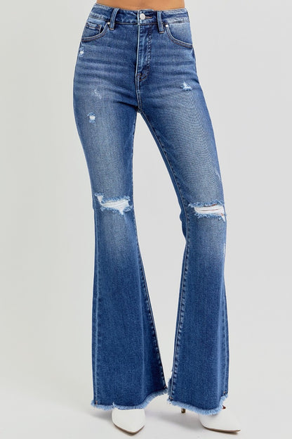 High Rise Distressed Raw Hem Flare Jeans