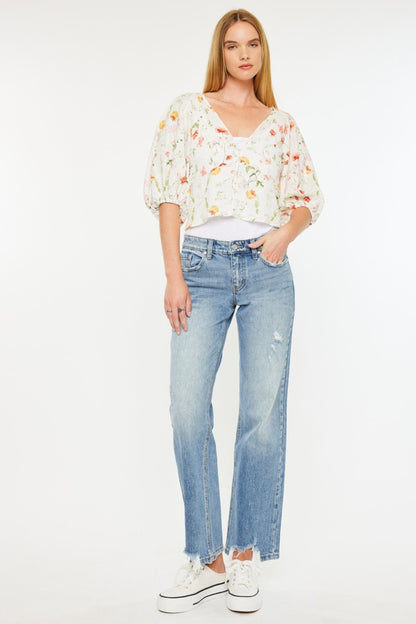 Mid Rise Frayed Hem Straight Jeans