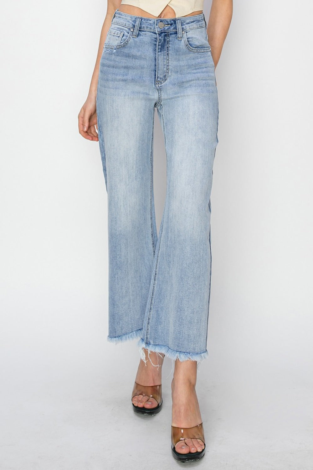 High Rise Crop Wide Fray Hem Jeans