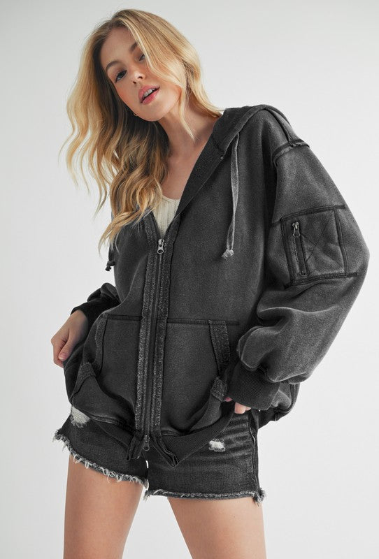 Exposed Seam Zip Up Drawstring Hooded Jacket