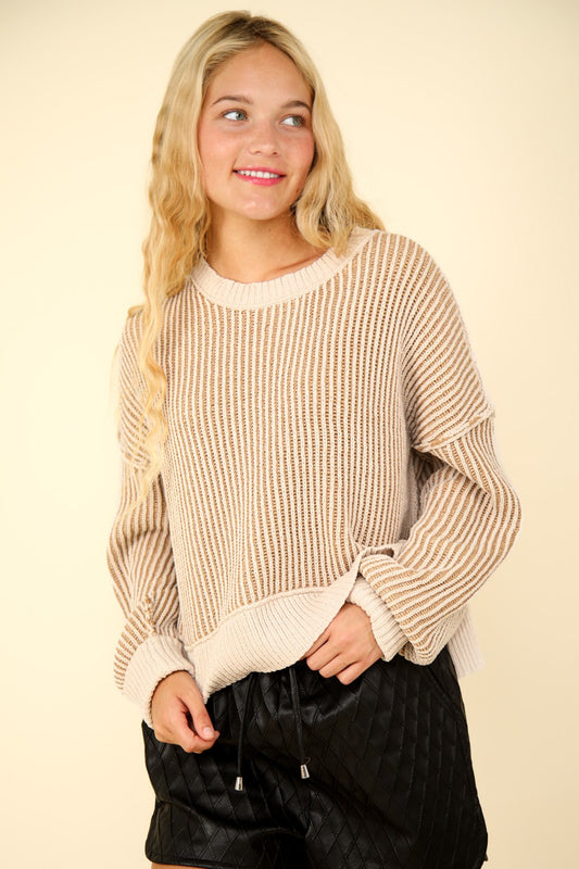 Exposed Seam Cropped Striped Slit Sweater