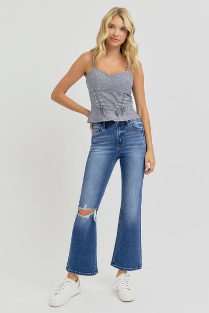 Distressed High Rise Crop Flare Jeans