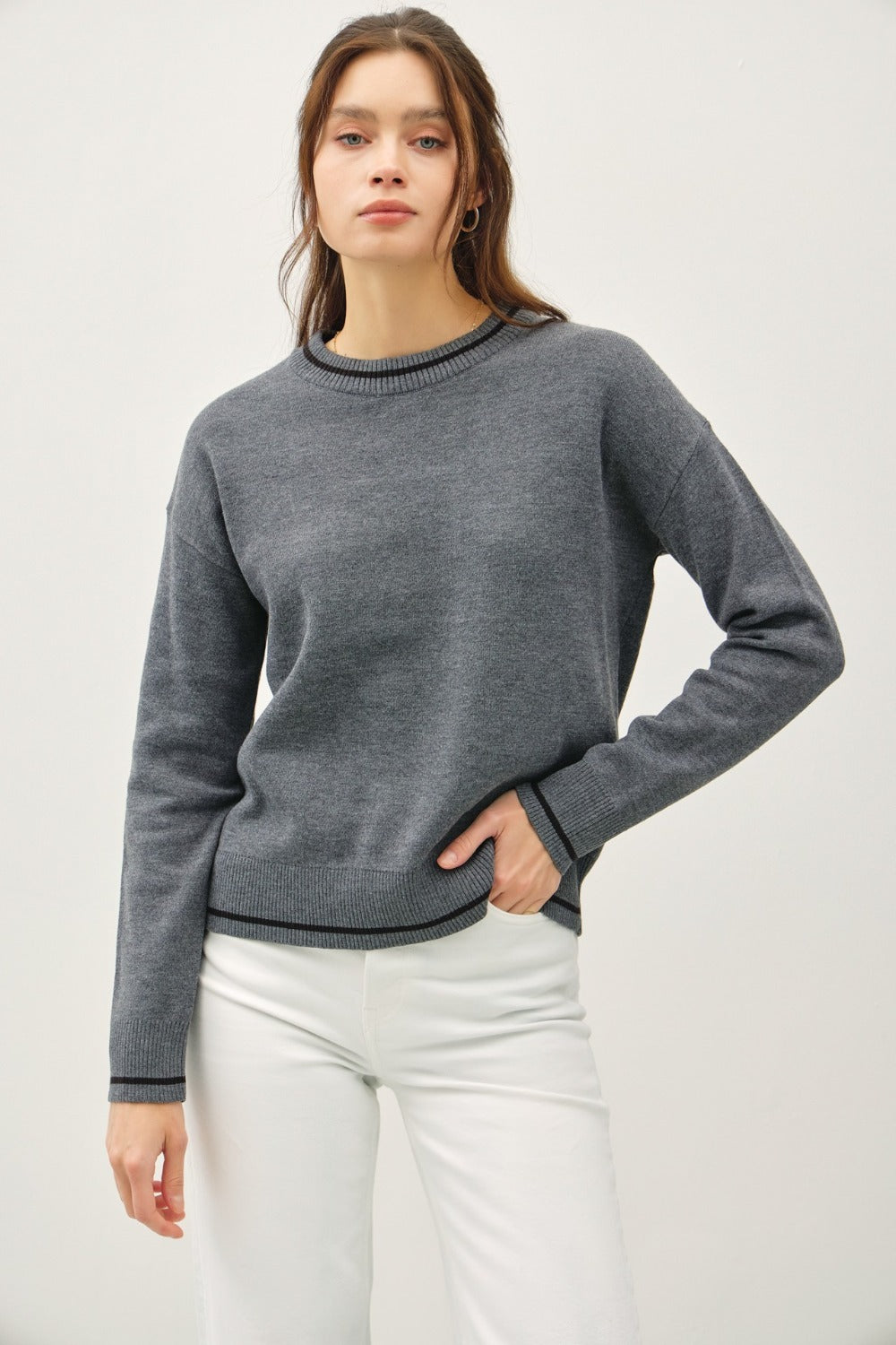 Striped Trim Round Neck Long Sleeve Sweater