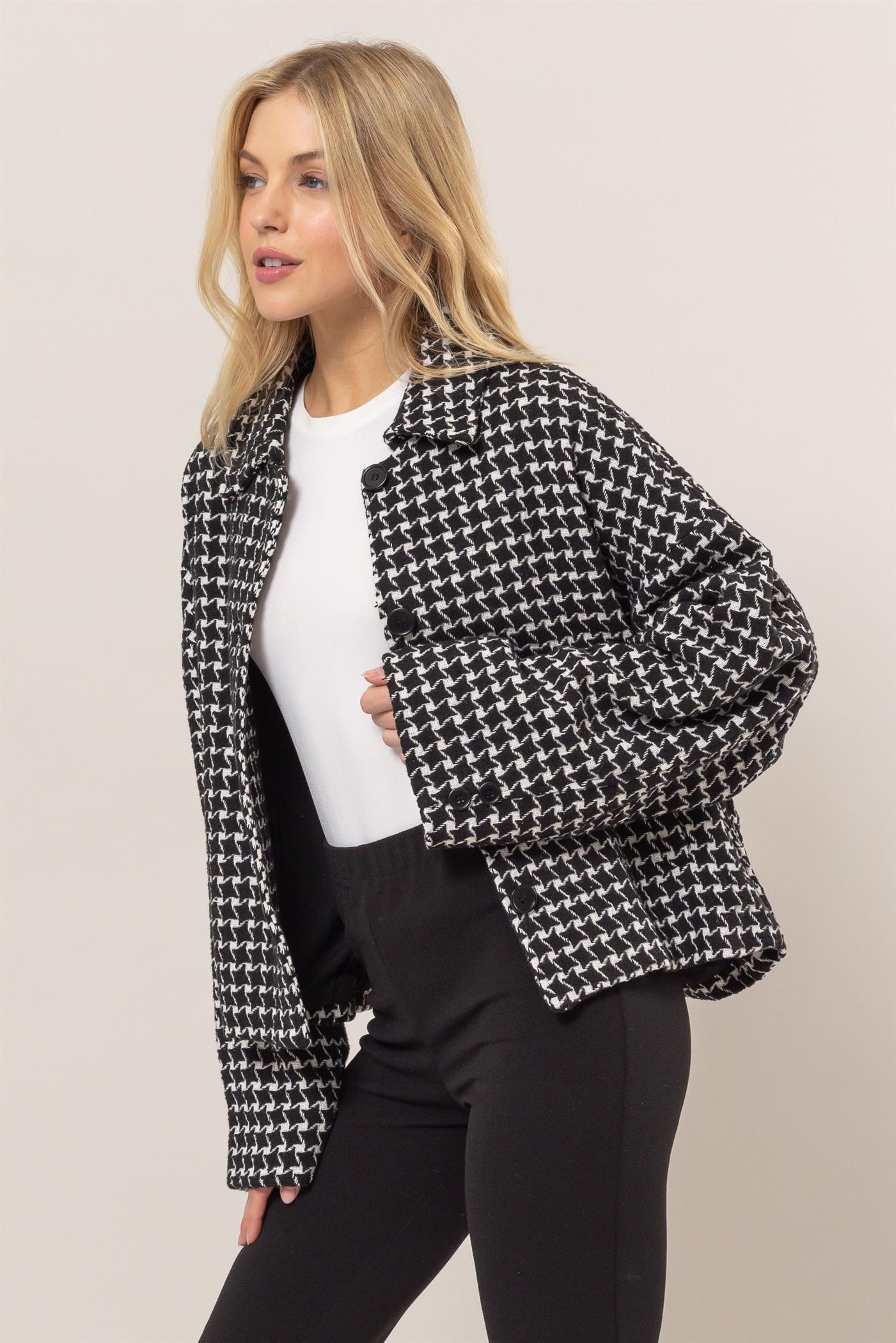 Tweed Plaid Button Up Collared Neck Jacket