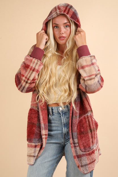 Fuzzy Plaid Long Sleeve Hooded Jacket