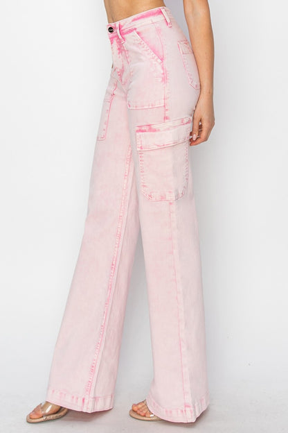 High Rise Wide Leg Cargo Pocket Jeans