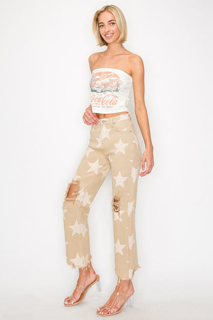 High Rise Star Printed Frayed Hem Jeans