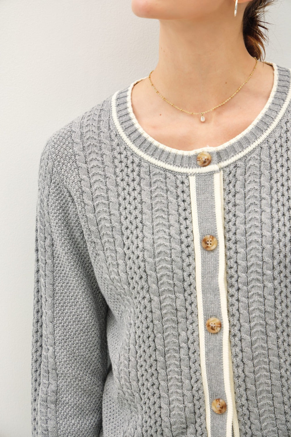 Cable Knit Long Sleeve Contrast Edge Cardigan