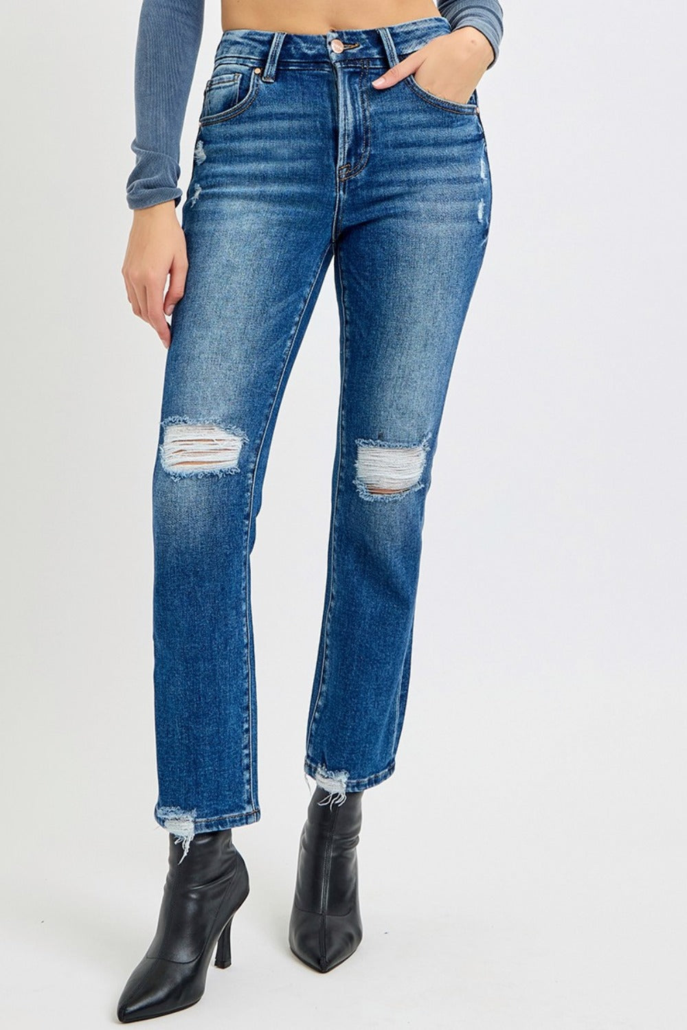 High Rise Distressed Crop Straight Jeans