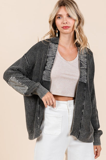 Contrast Patch Open Front Mineral Wash Cardigan