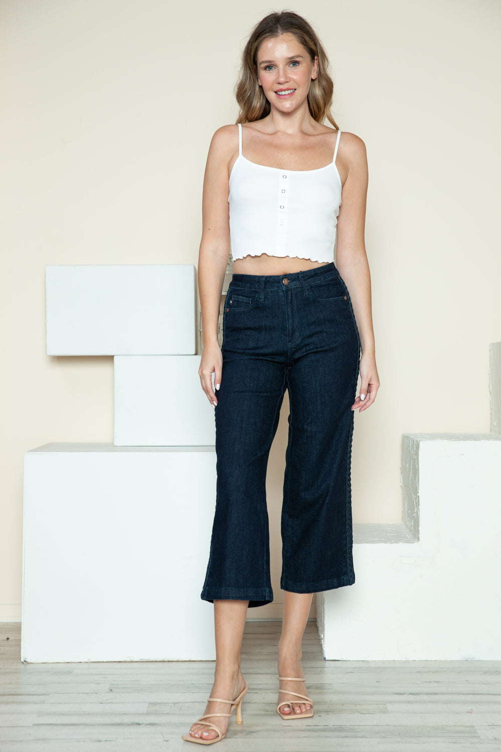 Side Seam Braid Detail Crop Wide Leg Jeans