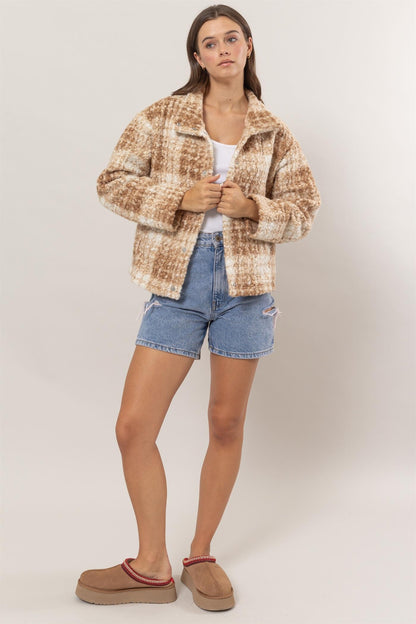 Plaid Collared Neck Boucle Jacket with Pockets