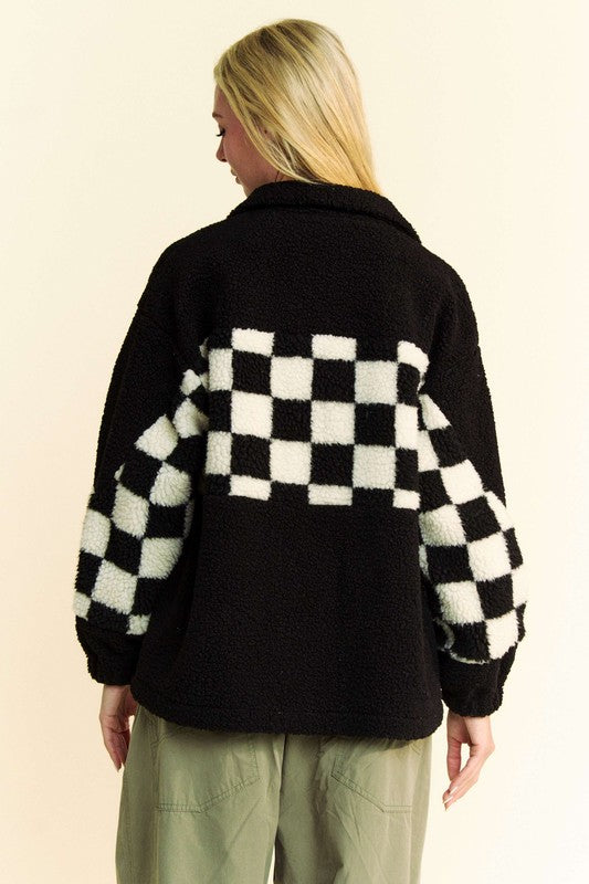 Checkered Snap Down Faux Fur Jacket