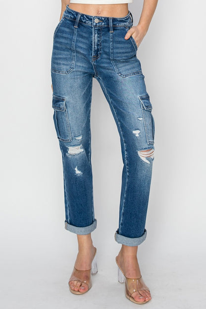 High Rise Cargo Ankle Roll Up Straight Jeans