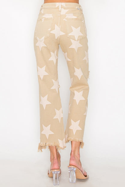 High Rise Star Printed Frayed Hem Jeans