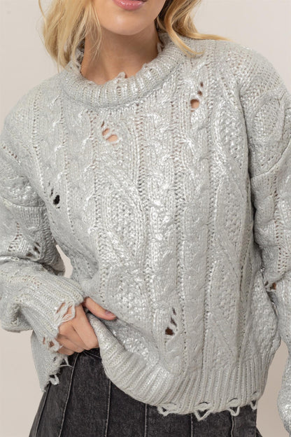 Distressed Cable-Knit Round Neck Long Sleeve Sweater