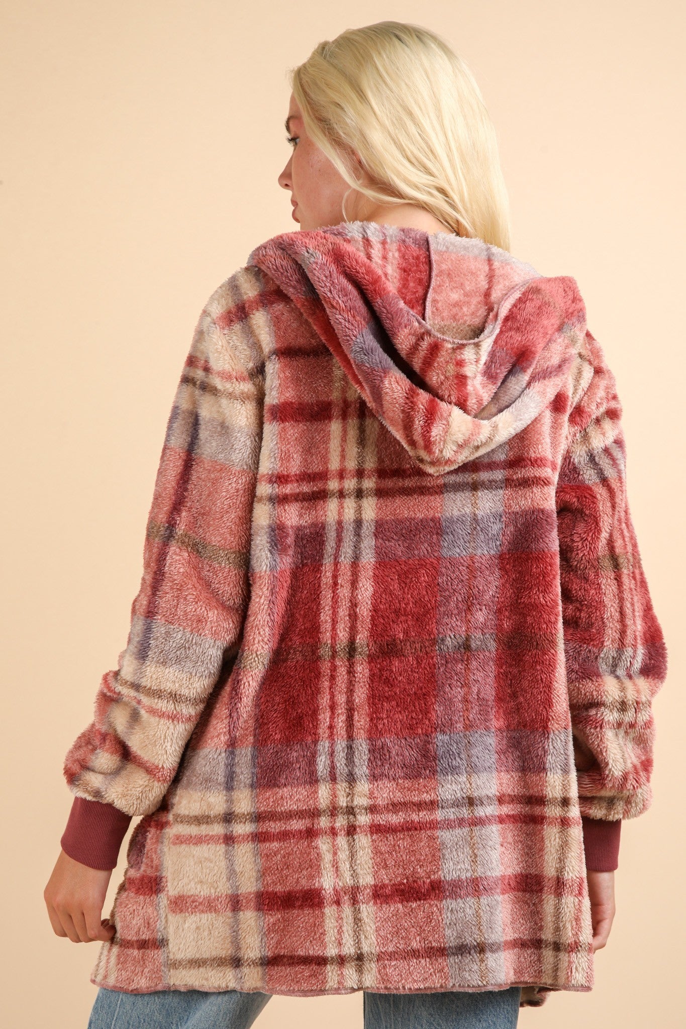 Fuzzy Plaid Long Sleeve Hooded Jacket