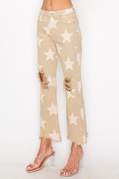 High Rise Star Printed Frayed Hem Jeans