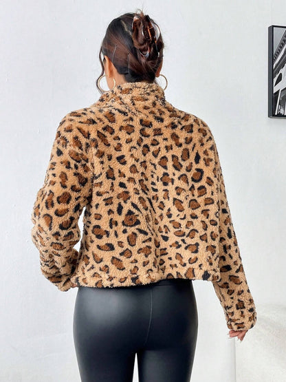 Fuzzy Turtleneck Leopard Zip Up Jacket