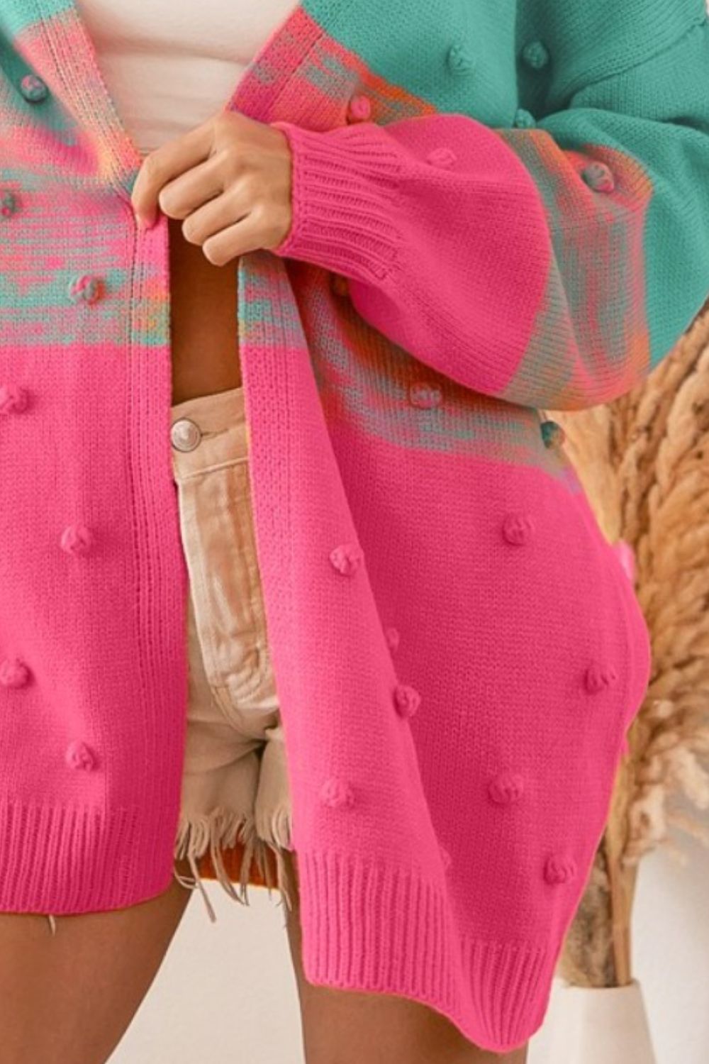 Color Block Ponpon Sweater Cardigan