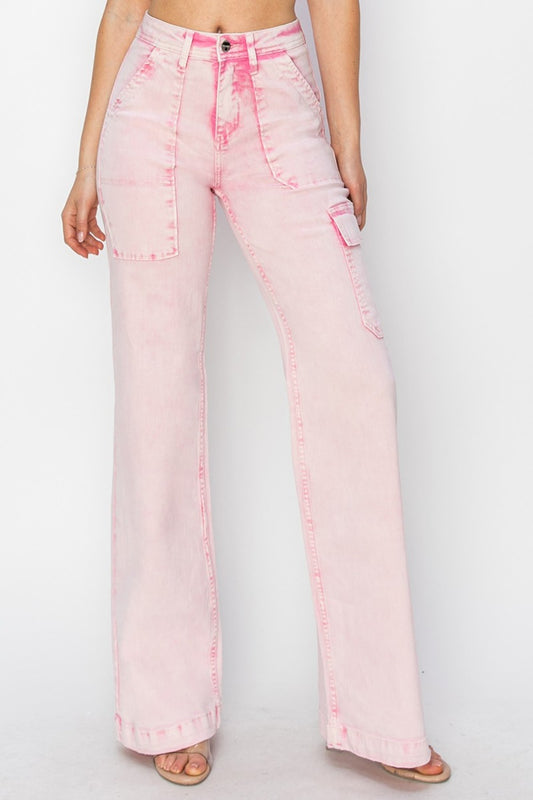 High Rise Wide Leg Cargo Pocket Jeans