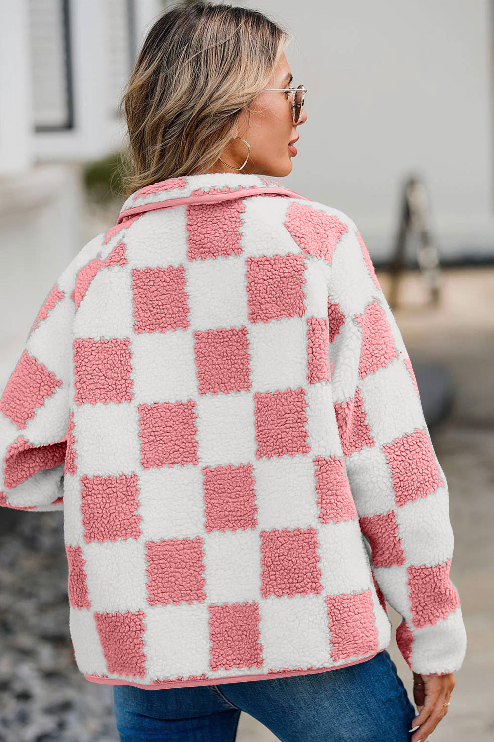 Checkered Snap Down Long Sleeve Teddy Jacket