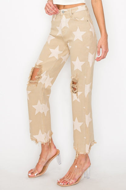 High Rise Star Printed Frayed Hem Jeans