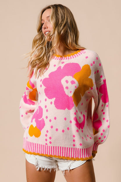 Flower Pattern Contrast Sweater