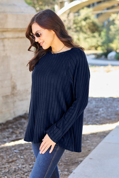 Ribbed Round Neck Long Sleeve Knit Top