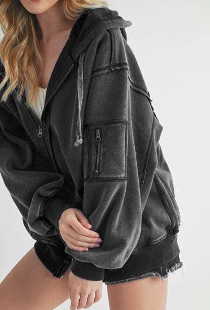 Exposed Seam Zip Up Drawstring Hooded Jacket